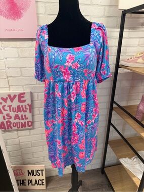 Lilly Pulitzer Blue Tropical Floral Mini Dress with Pink Accents